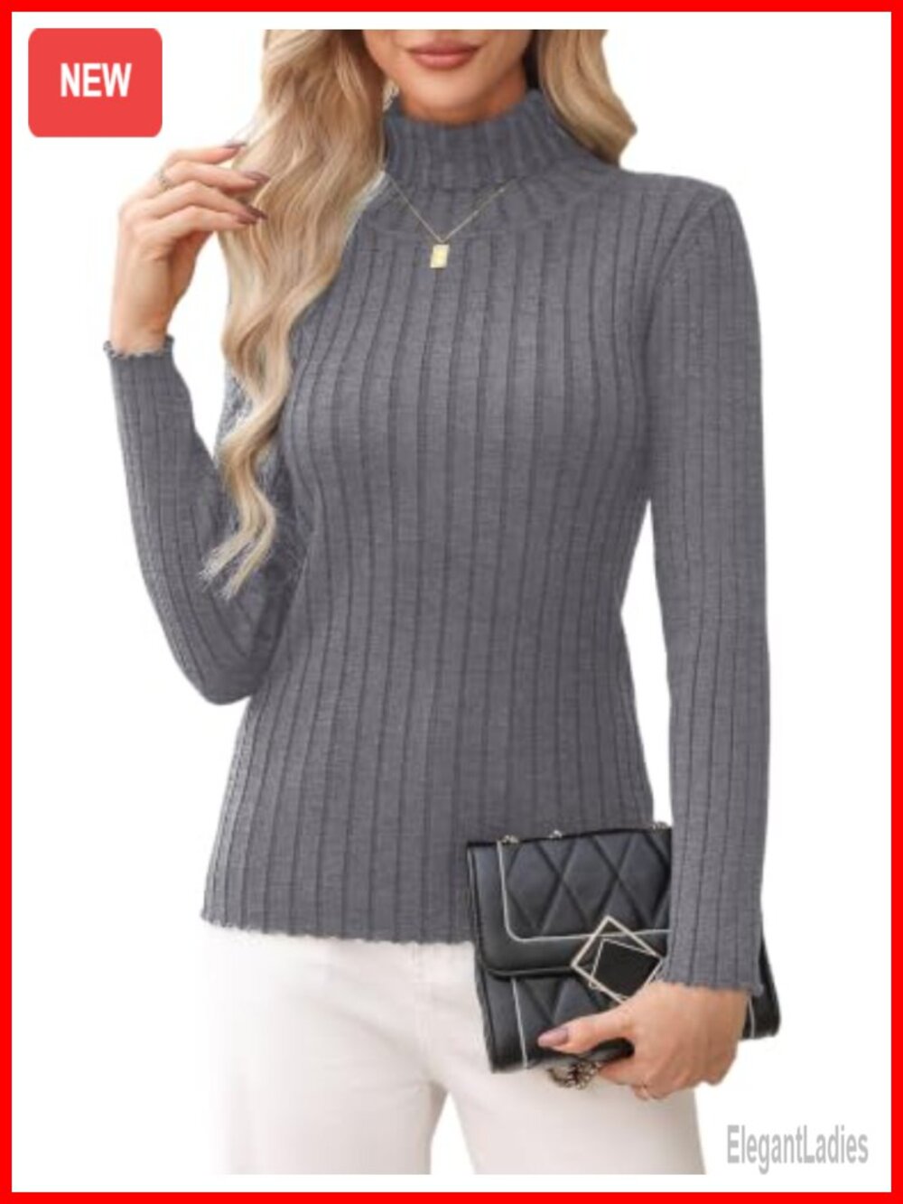 Womens Ribbed Knit Turtleneck Sweater Long Sleeve Ruffle Pullover